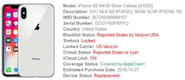 ejemplo de comprobación del imei del iphone xs