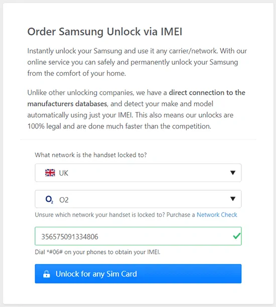 order o2 samsung unlock