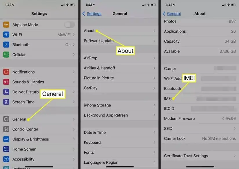 find iphone imei settings